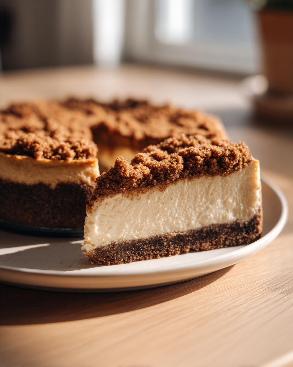A close-up of a slice of snickerdoodle cheesecake with a thick, creamy center and a generous cinnamon crumble topping.