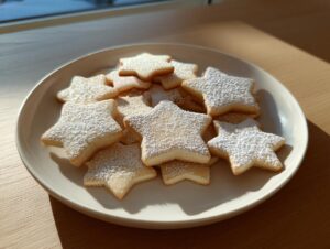 A plate piled high with soft, star-shaped sugar cookies dusted generously with powdered sugar.