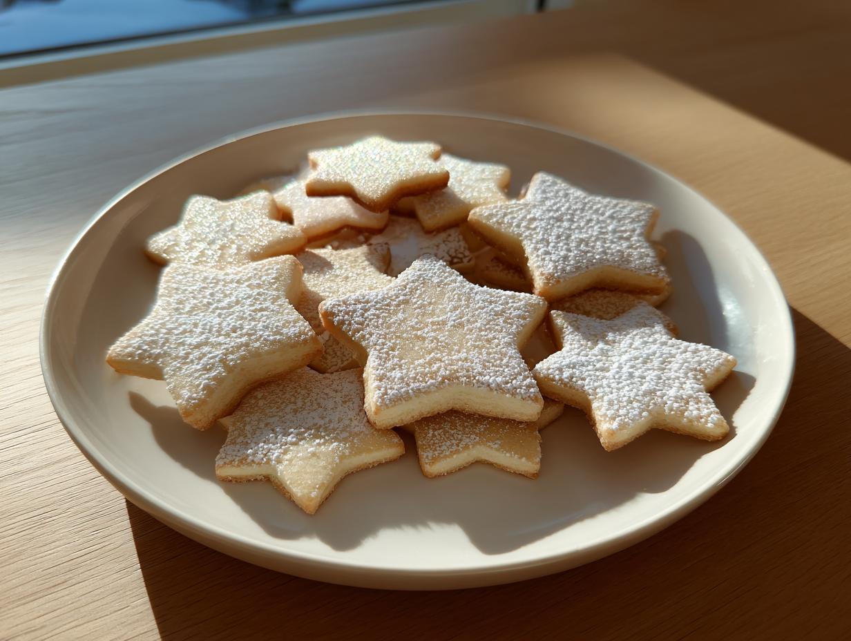 A plate piled high with soft, star-shaped sugar cookies dusted generously with powdered sugar.