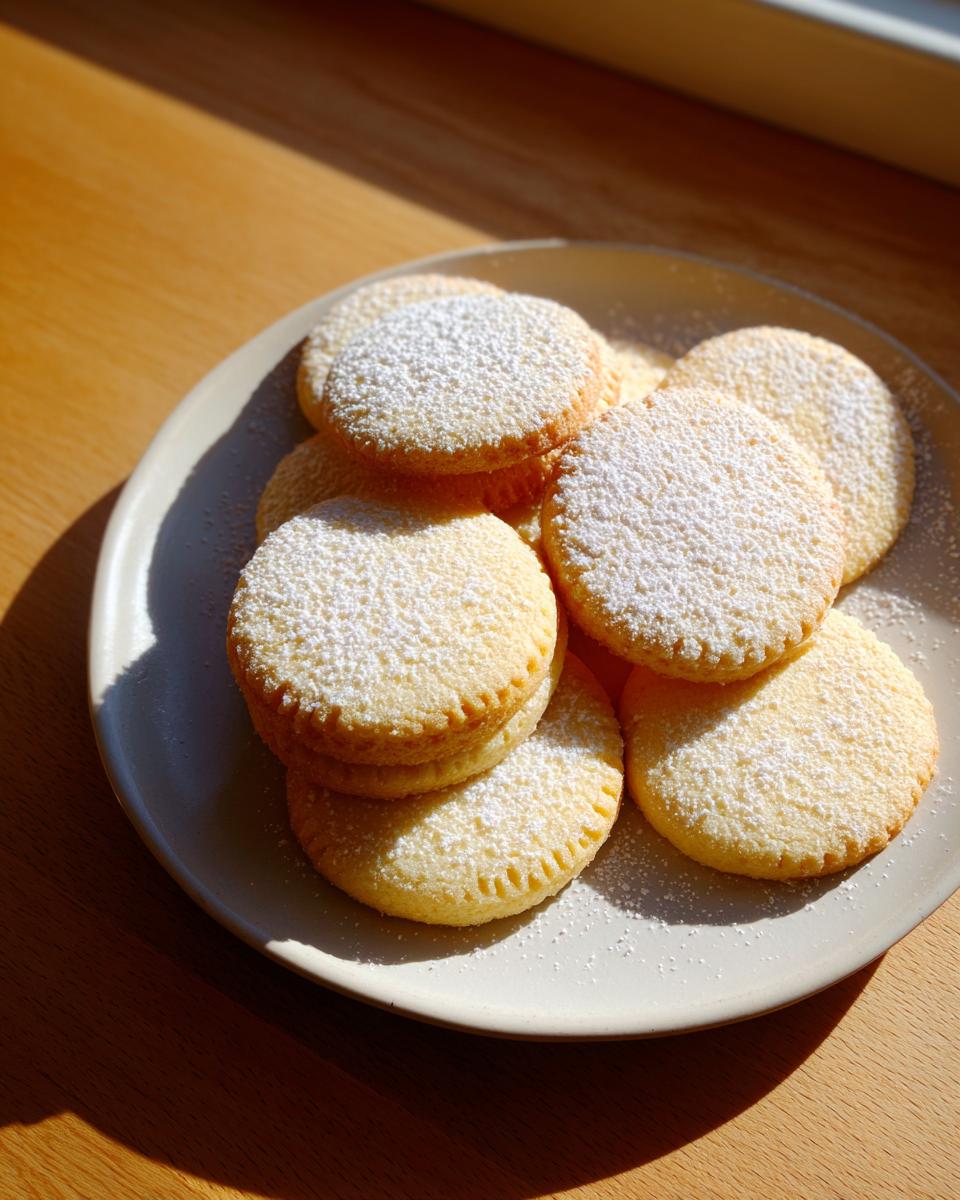 A plate of soft cutout sugar cookies dusted generously with powdered sugar, sitting on a wooden surface in bright sunlight.