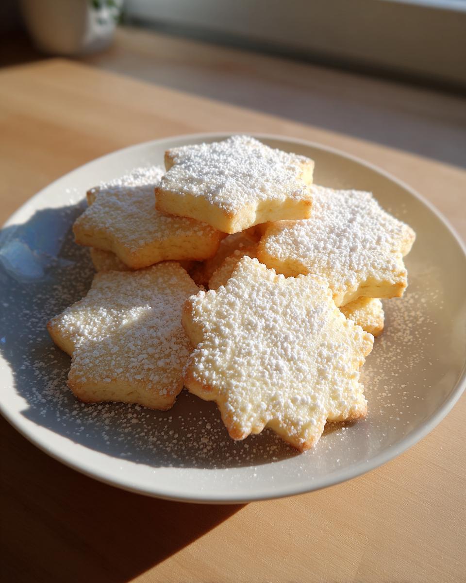 A stack of soft cutout sugar cookie stars heavily dusted with powdered sugar on a light plate.