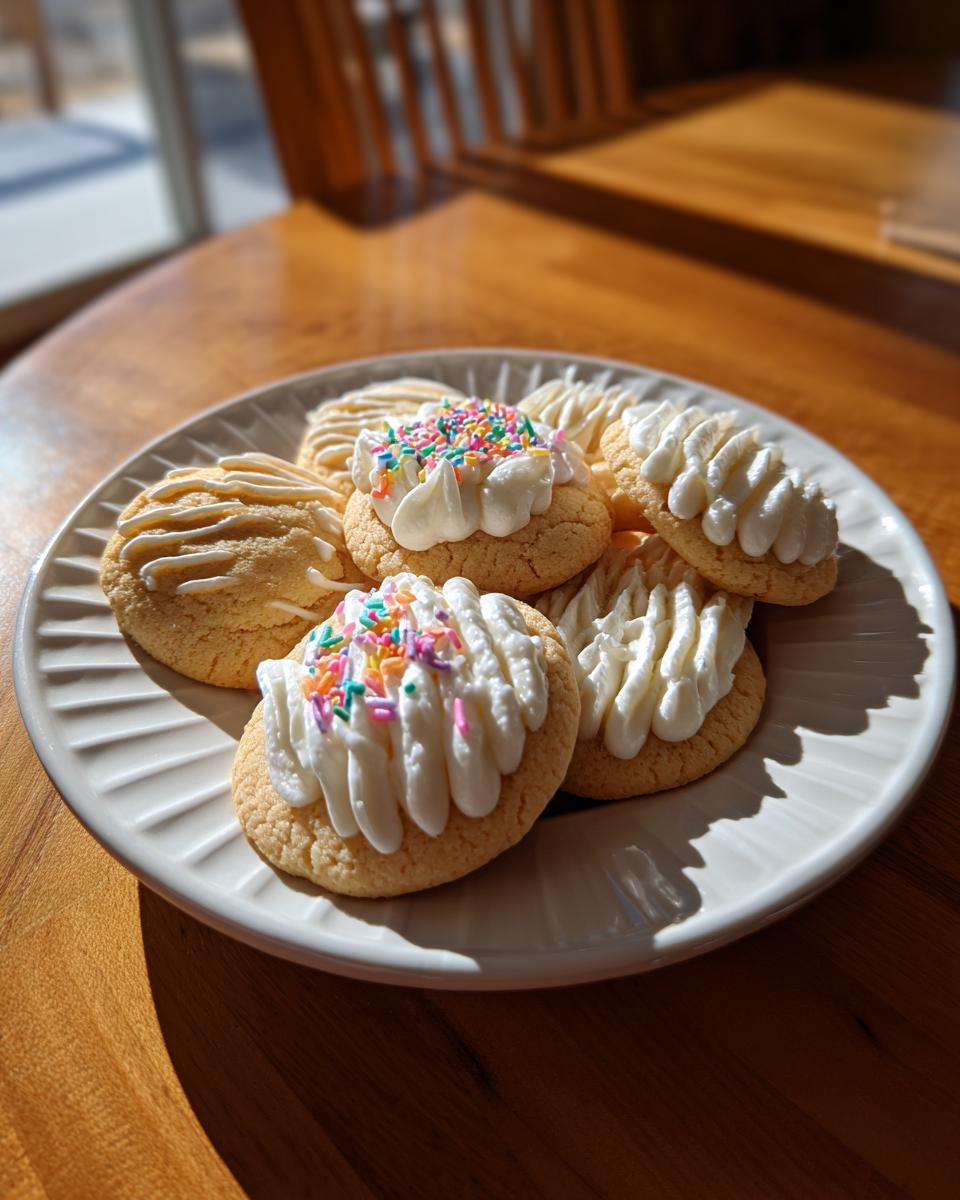 A plate featuring several soft sugar cookies topped with white frosting, some decorated with colorful sprinkles.