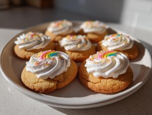 A plate of freshly baked soft sugar cookies topped with swirls of white frosting and rainbow sprinkles.