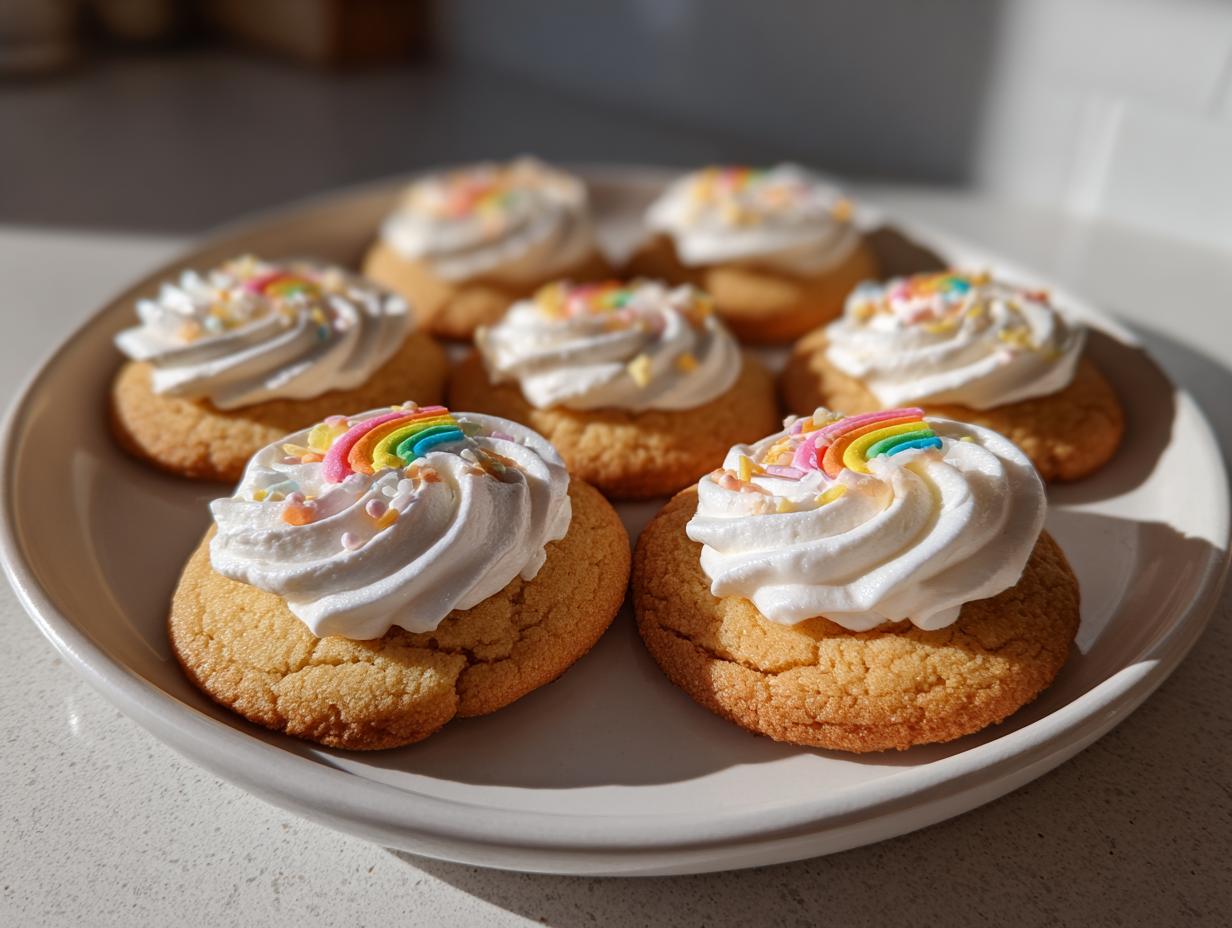 A plate of freshly baked soft sugar cookies topped with swirls of white frosting and rainbow sprinkles.