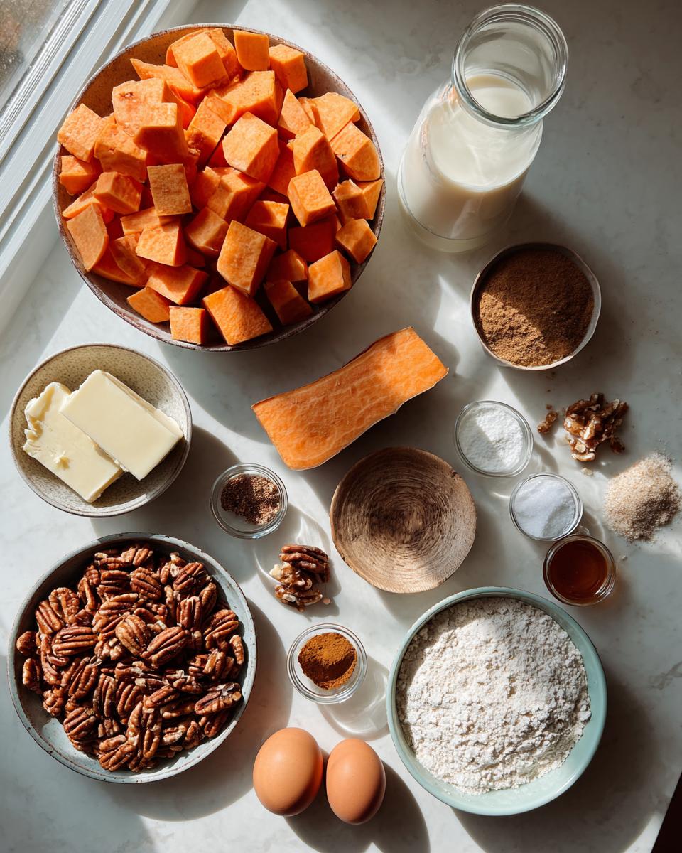 Overhead view of ingredients for southern sweet potato casserole, including cubed sweet potatoes, pecans, butter, eggs, flour, and spices.