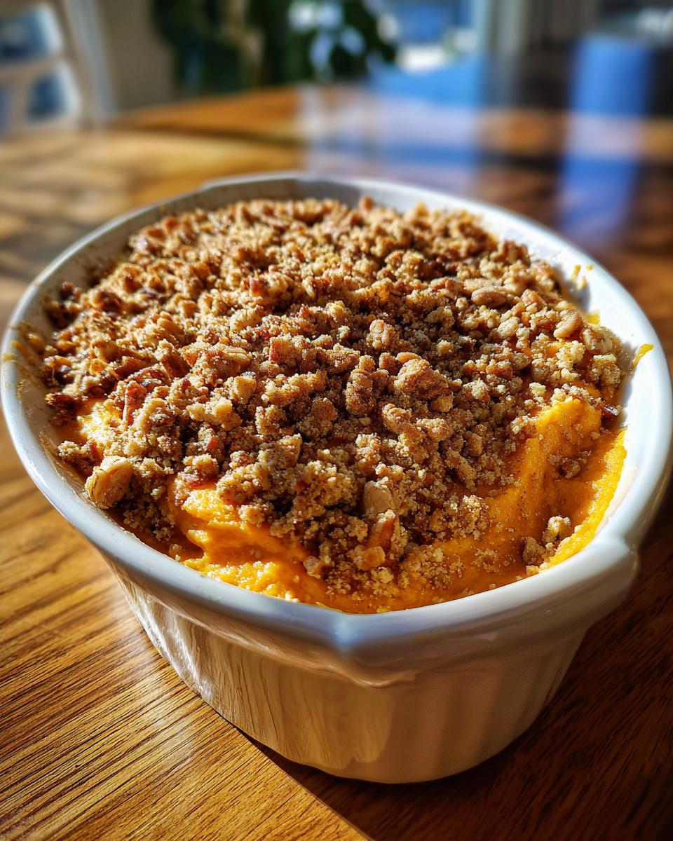 Close-up of a creamy southern sweet potato casserole topped with a crunchy pecan streusel.