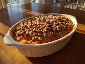 A close-up of a baked southern sweet potato casserole in a white oval dish, topped generously with a pecan crumble.