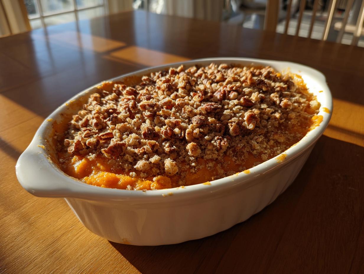A close-up of a baked southern sweet potato casserole in a white oval dish, topped generously with a pecan crumble.