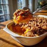 A spoonful of creamy southern sweet potato casserole topped with crunchy pecans being lifted from a white baking dish.