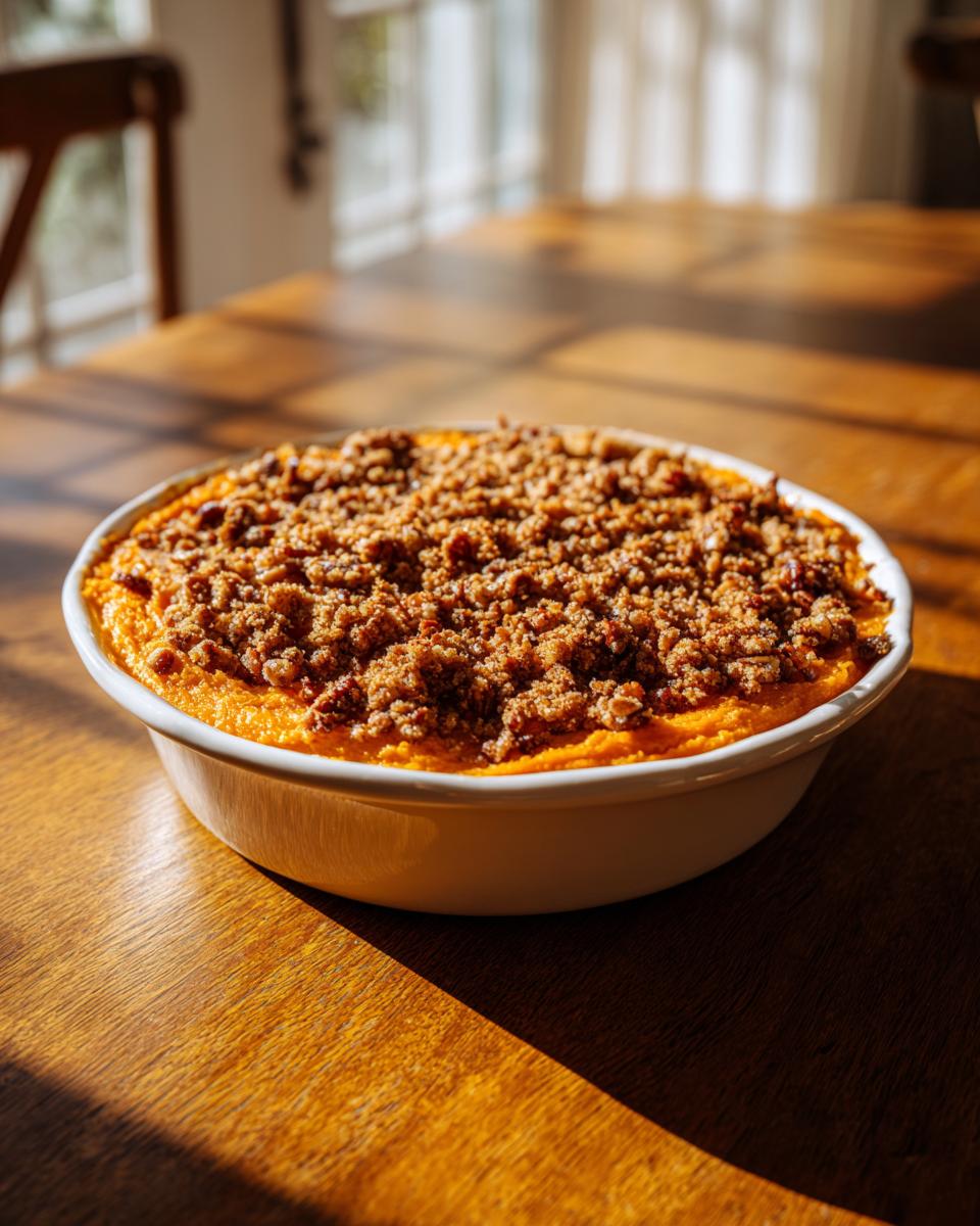 A baked southern sweet potato casserole topped with a crunchy brown sugar pecan streusel, sitting on a wooden table.