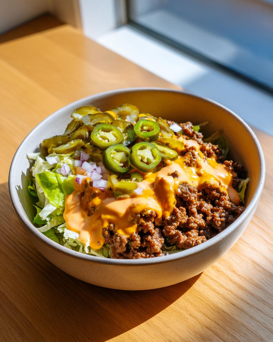 A close-up of a delicious cheeseburger bowl featuring seasoned ground beef, lettuce, cheese sauce, and sliced jalapeños.