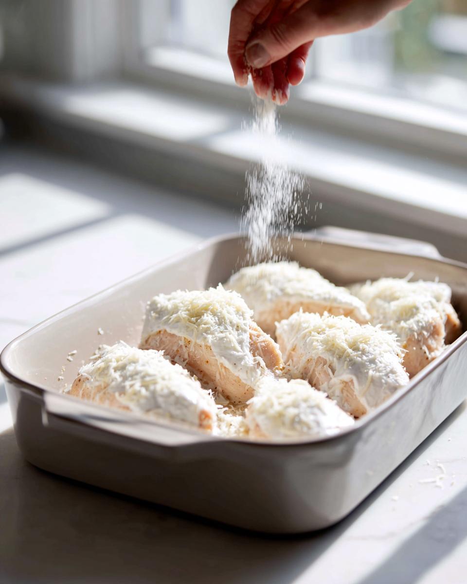 A hand sprinkles shredded cheese over raw chicken breasts topped with a creamy mixture for baked ranch chicken in a baking dish.