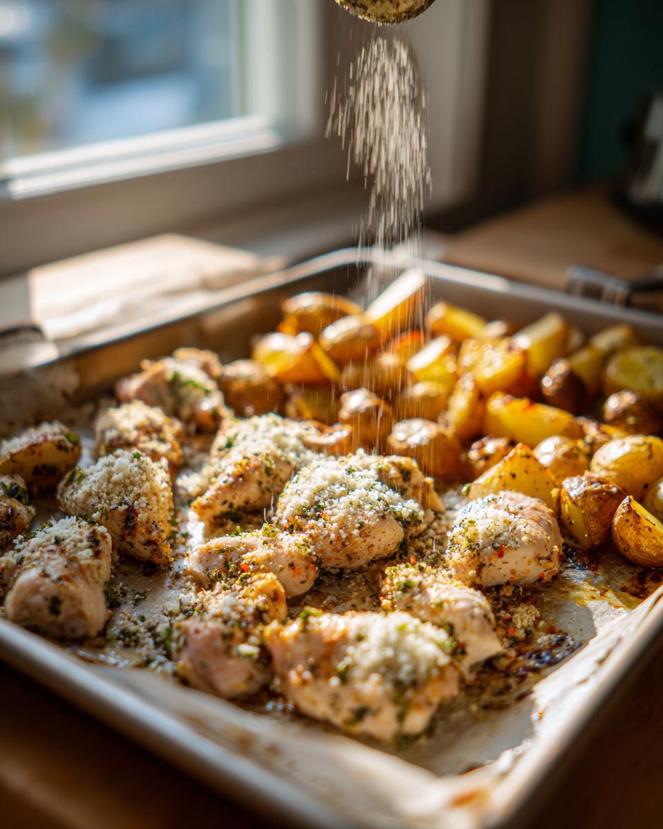 Parmesan cheese being sprinkled over seasoned chicken pieces and roasted potatoes for garlic parmesan chicken and potatoes.
