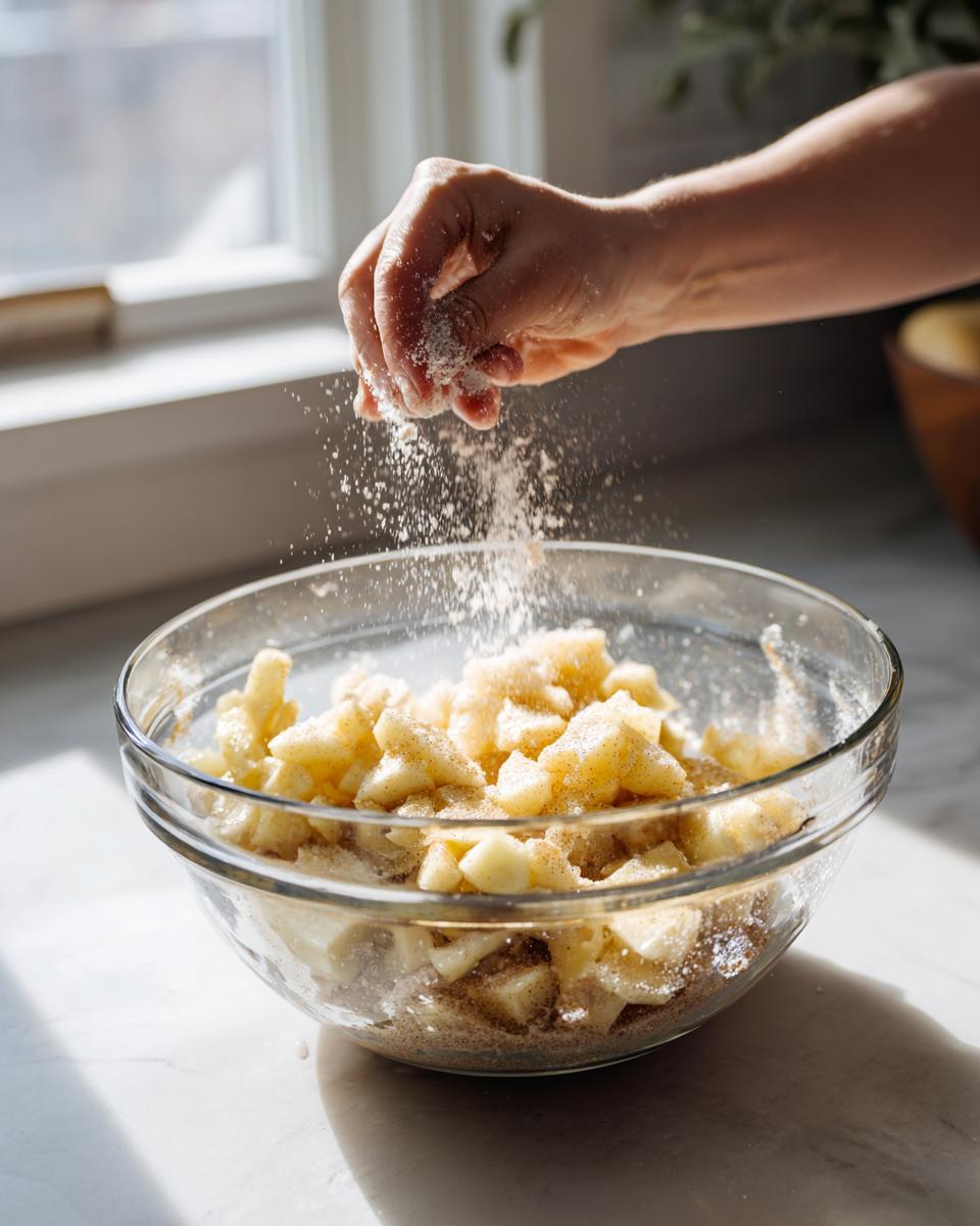 A hand sprinkling sugar and cinnamon mixture over chopped apples for an apple cobbler recipe.