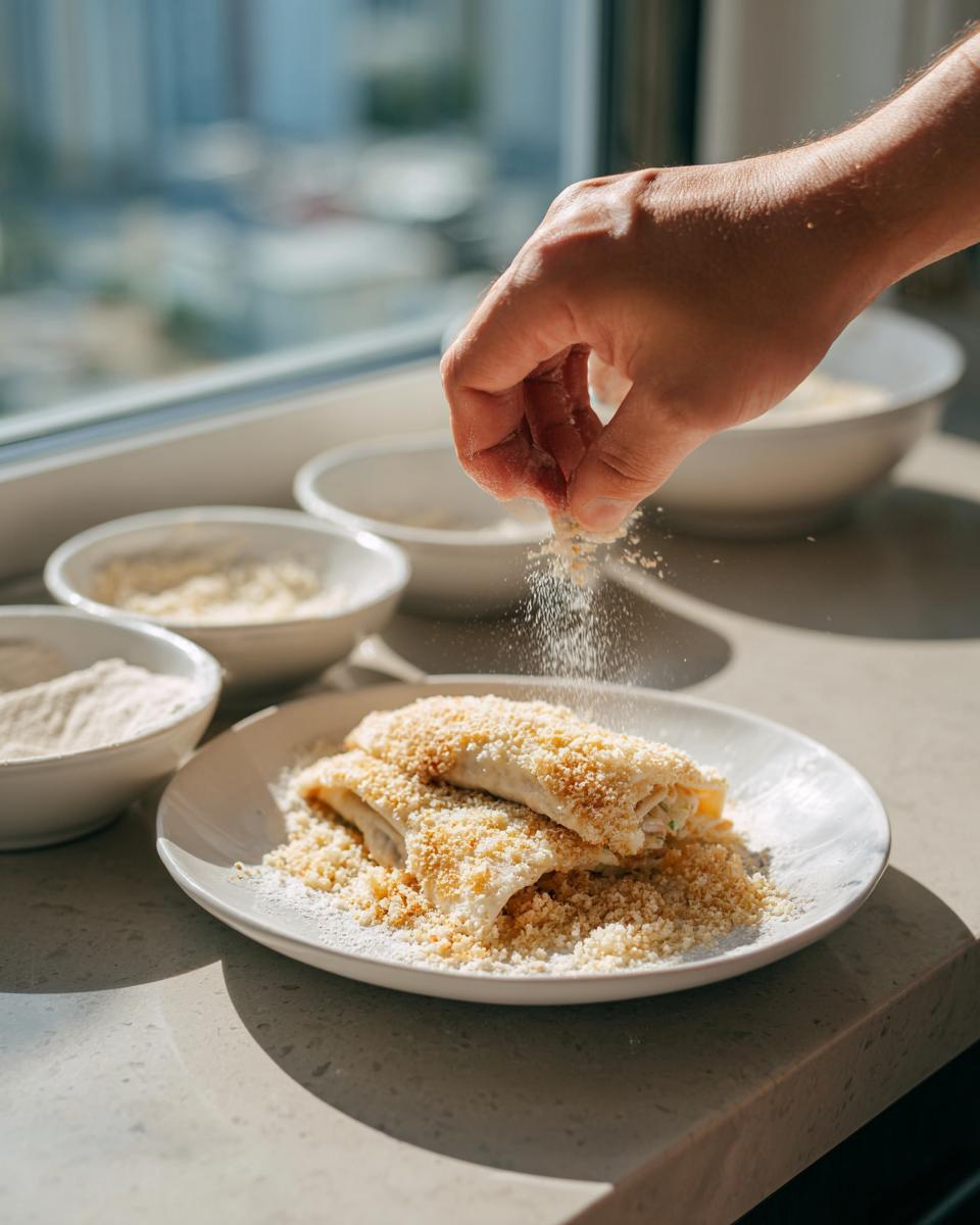 A hand sprinkling breadcrumbs or topping over two rolled chicken bacon ranch wraps on a white plate.