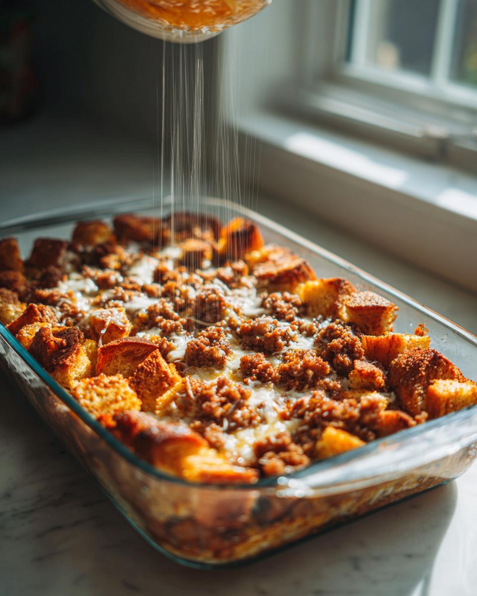 A glass dish of baked christmas breakfast casserole topped with sausage and cheese, as powdered sugar or cheese is sprinkled on top.