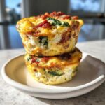 Close-up of two fluffy, baked egg bites stacked on a small white plate, featuring bacon and spinach. Perfect for high-protein egg bites.