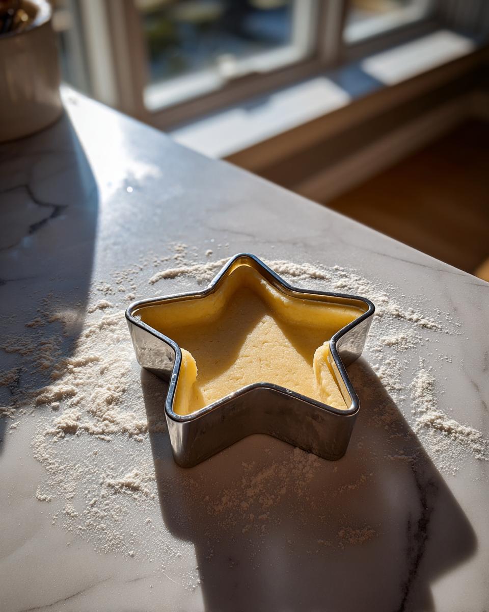 A star-shaped cookie cutter pressed into raw sugar cookie dough on a floured marble counter.