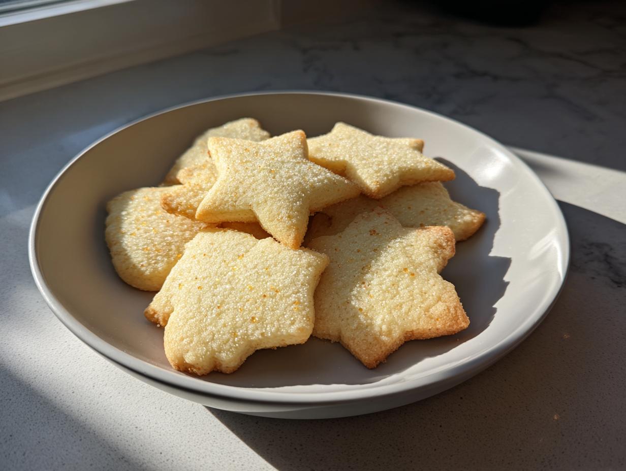 A bowl filled with star-shaped, lightly golden 150-calorie sugar cookies sprinkled with coarse sugar.