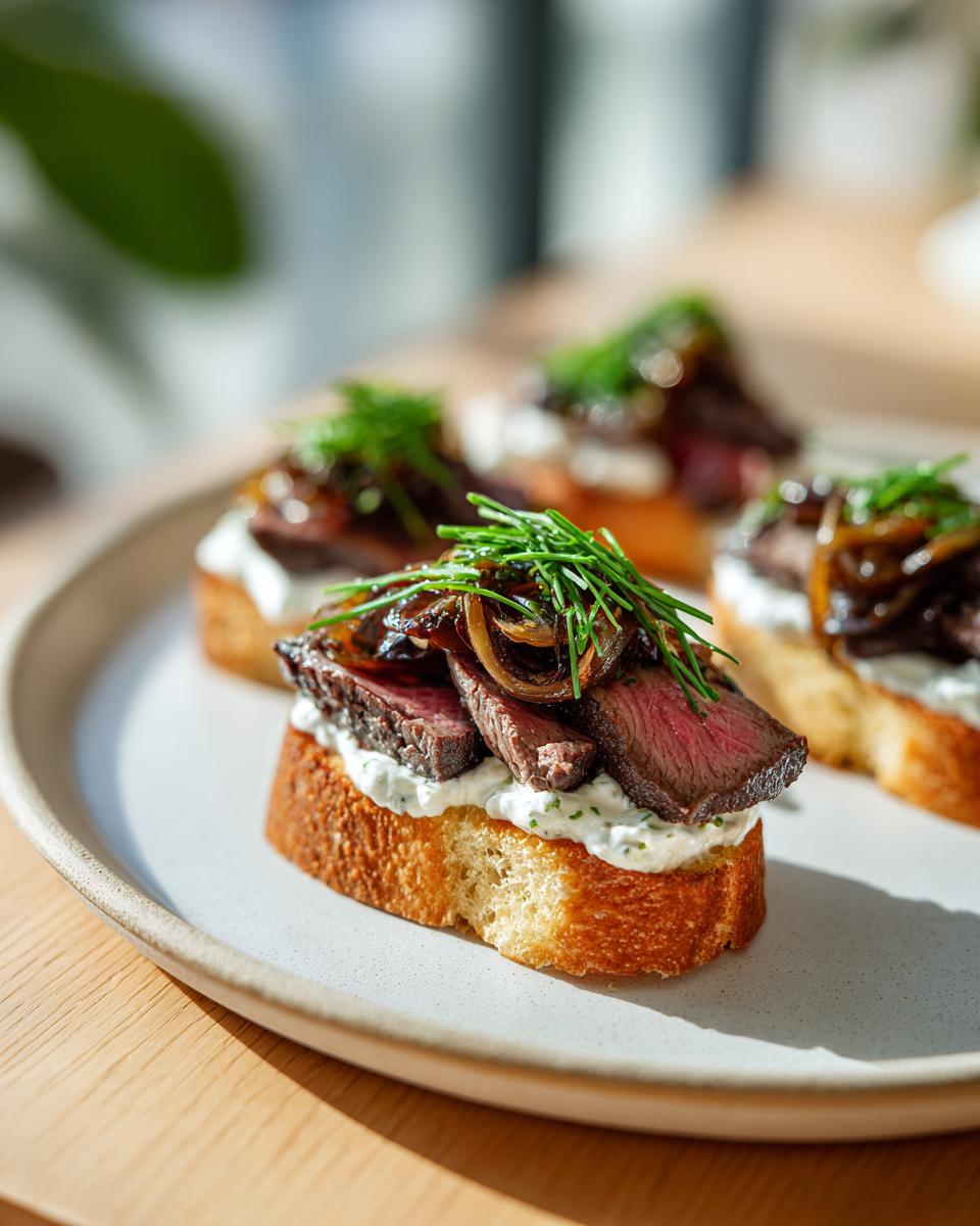 Close-up of a delicious steak crostini topped with creamy spread, seared steak slices, caramelized onions, and chives.