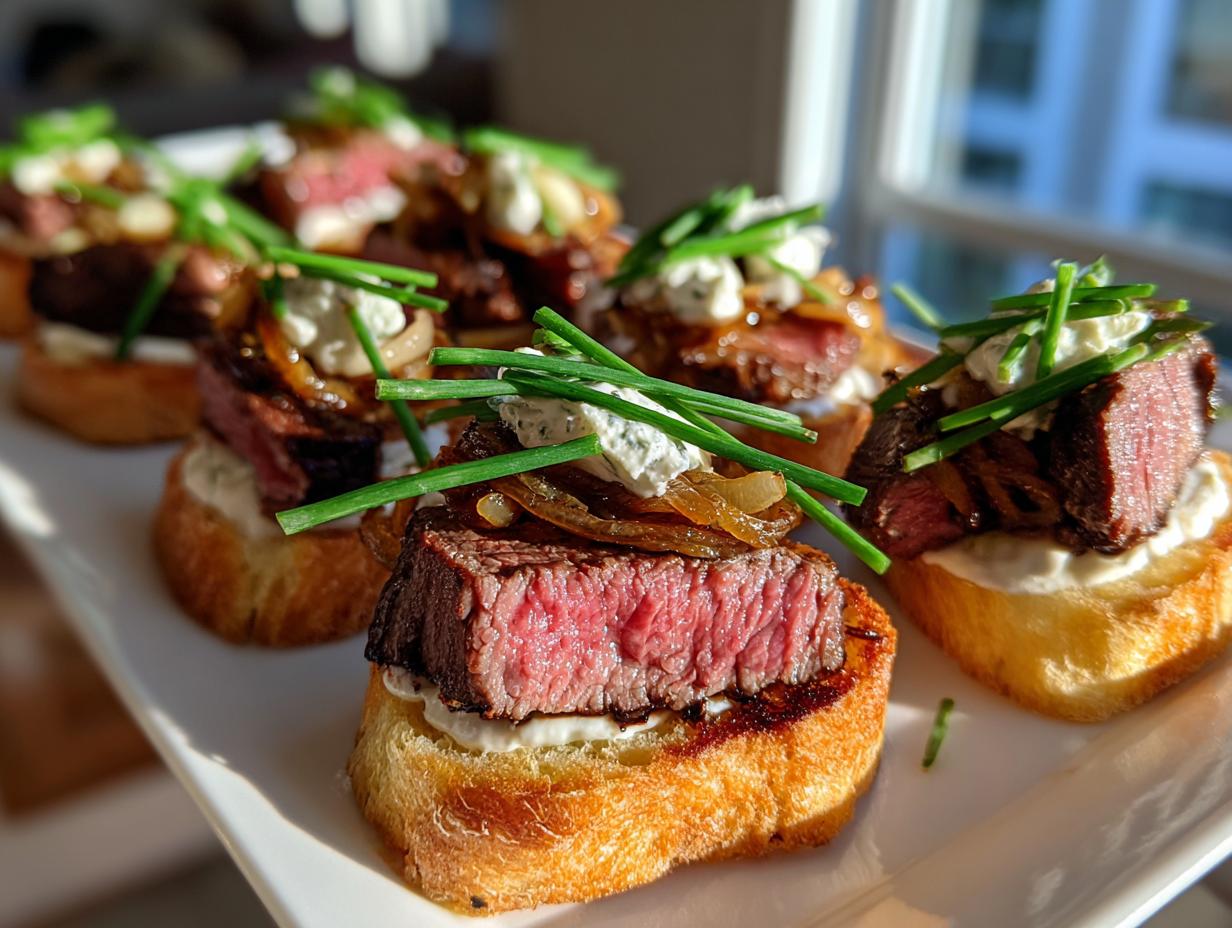 Close-up of several perfectly cooked steak crostini appetizers topped with caramelized onions and chives.