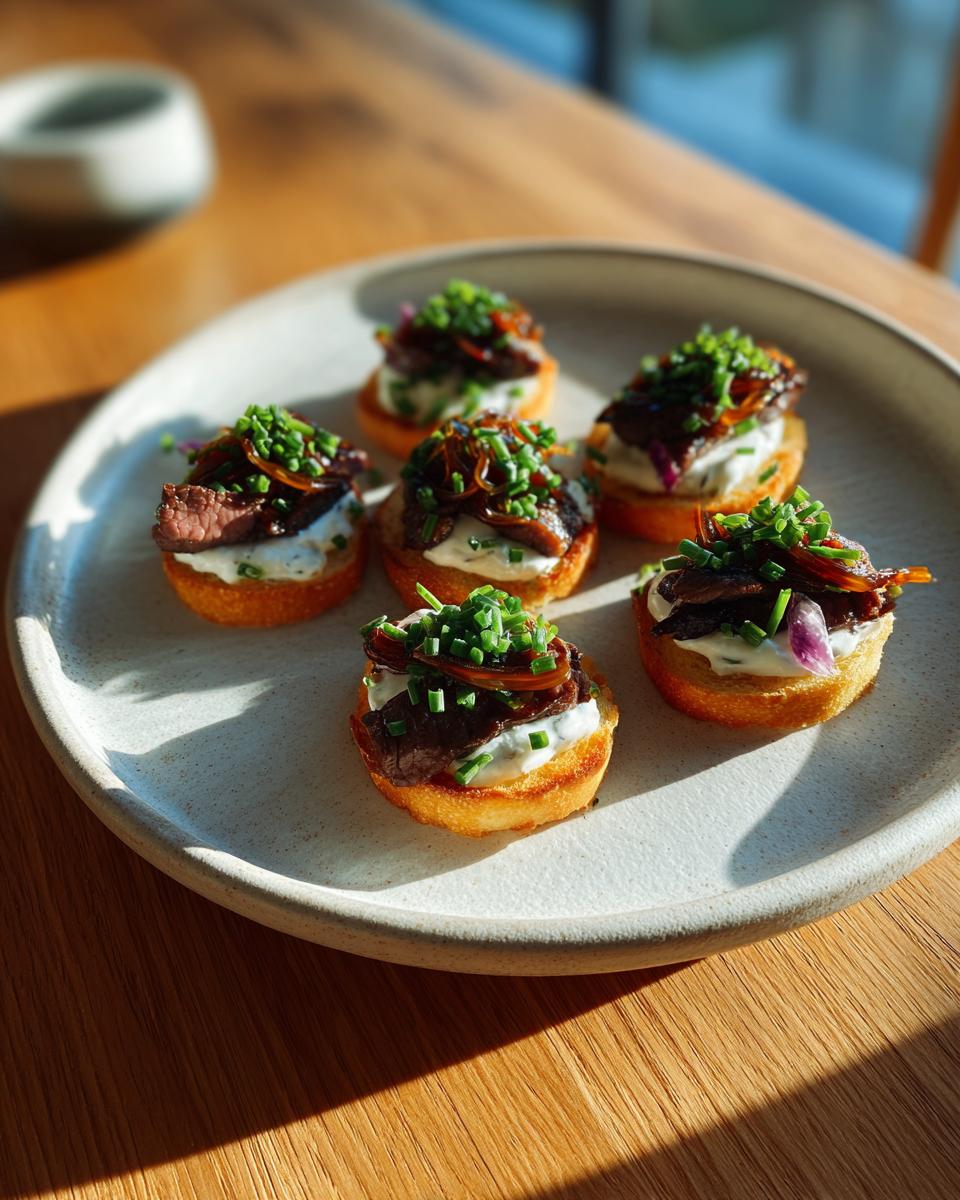 Six perfectly assembled steak crostini appetizers topped with cream cheese, steak, caramelized onions, and chives on a speckled plate.