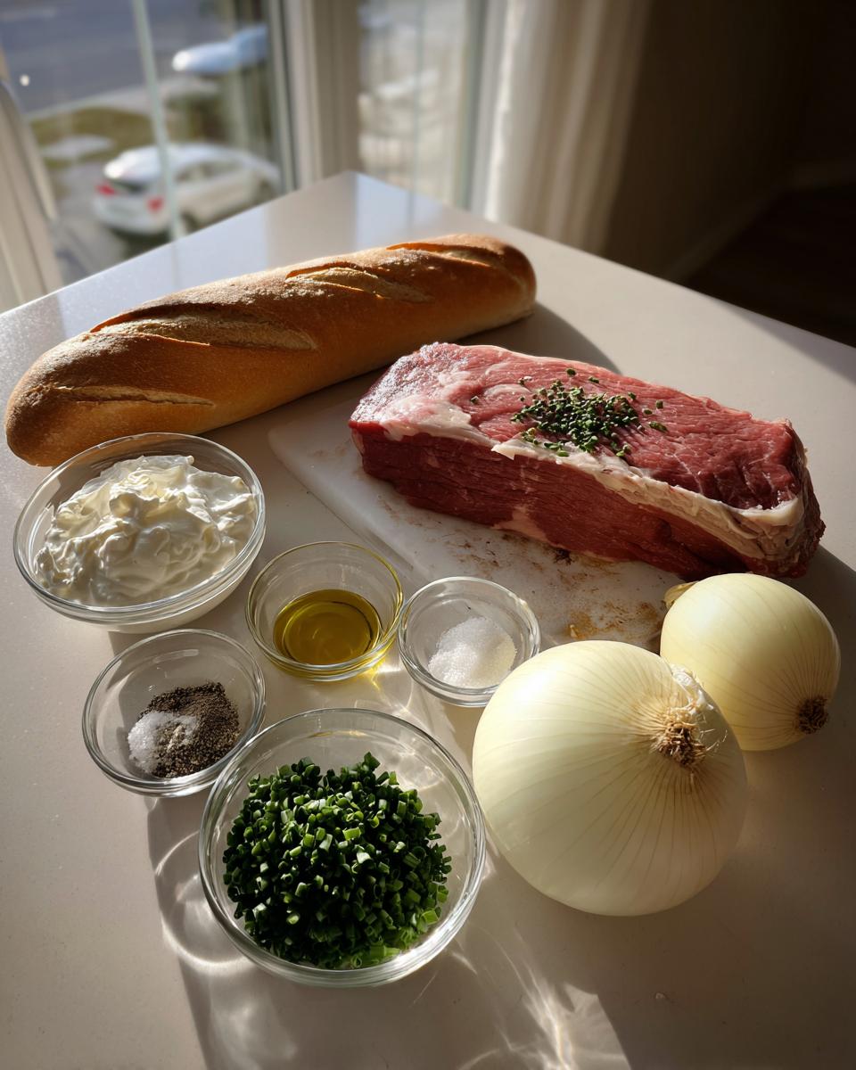 Ingredients laid out for steak crostini, including a raw cut of beef seasoned with chives, a baguette, onions, sour cream, oil, salt, and pepper.