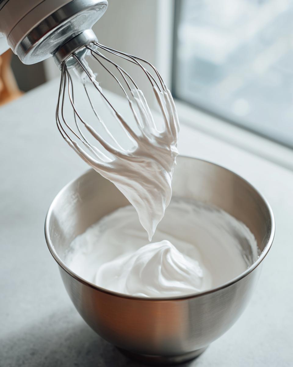 A stand mixer whisk attachment lifted from a bowl showing stiff peaks of white sugar cookie icing.
