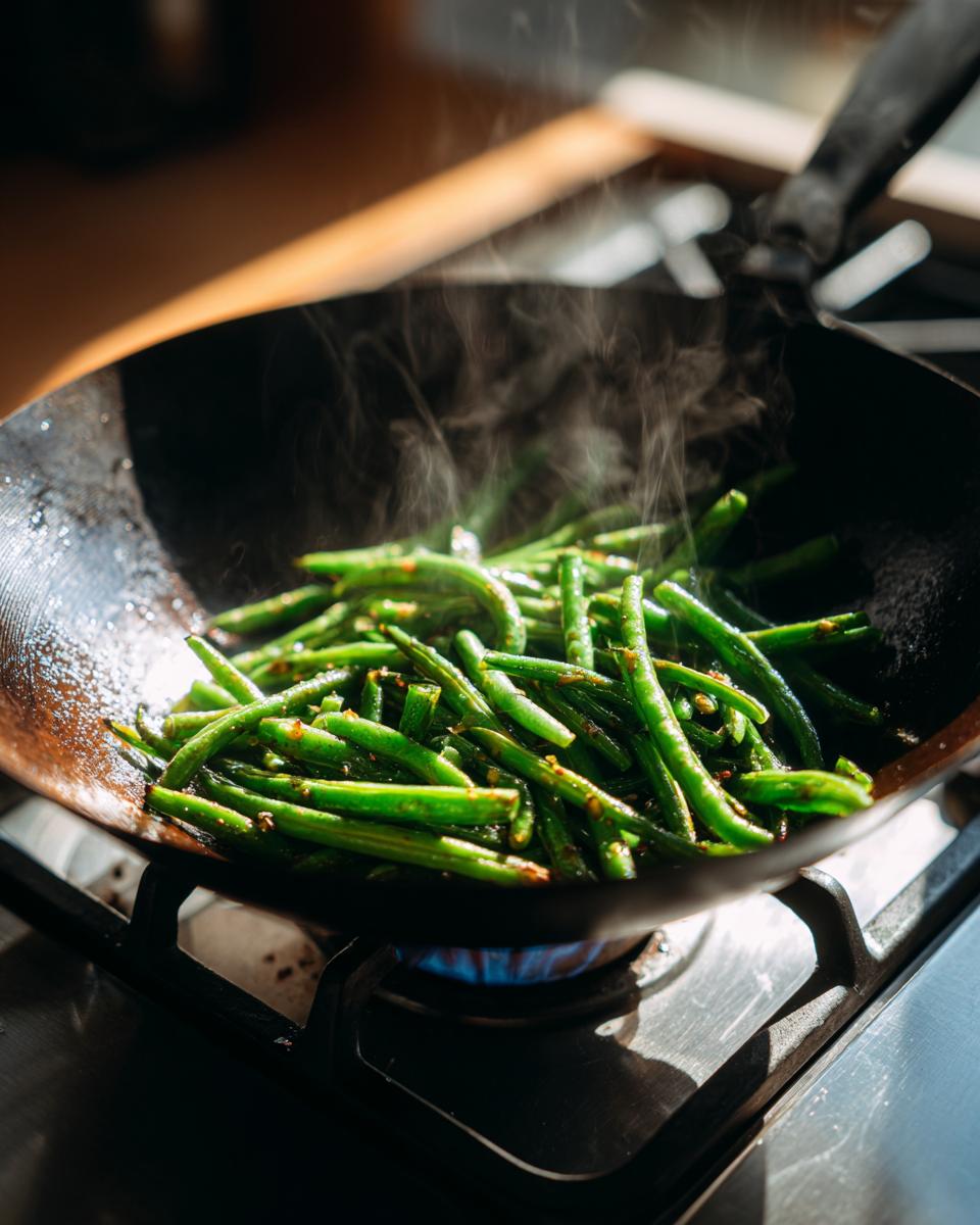 Fresh green beans being stir-fried with garlic sauce in a hot wok over a gas flame, releasing steam.