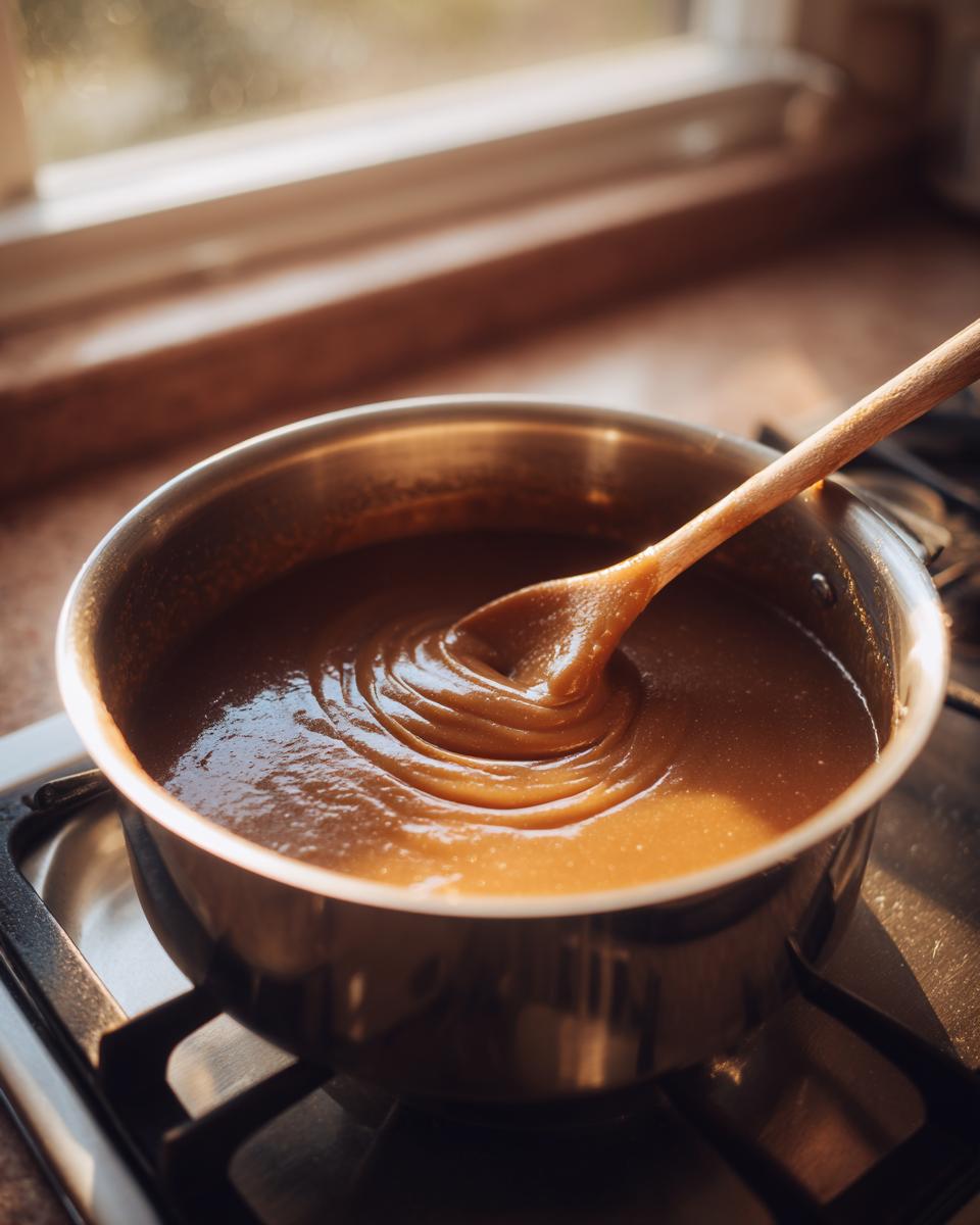 Close-up of thick, caramel-colored syrup being stirred in a saucepan on a stove, essential for homemade granola bars.