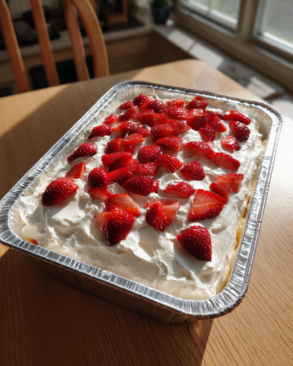 A freshly made jello poke cake topped with whipped cream and sliced strawberries, sitting in a foil pan.
