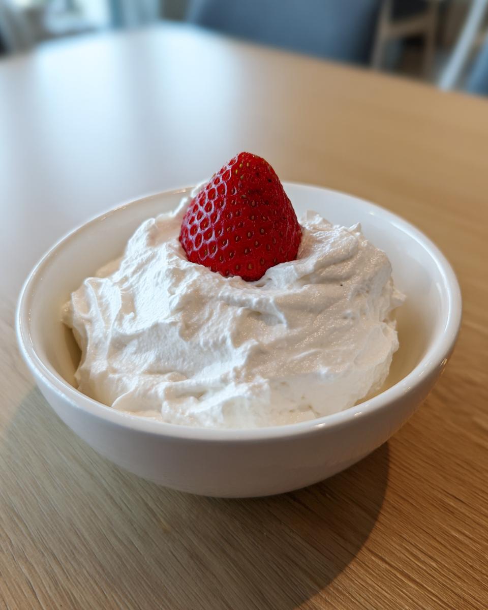 A single fresh strawberry crowning a bowl of fluffy white fruit dip.