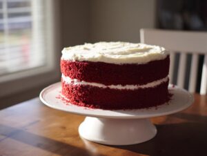A beautiful two-layer red velvet cake with white cream cheese frosting, sitting on a white cake stand near a window.