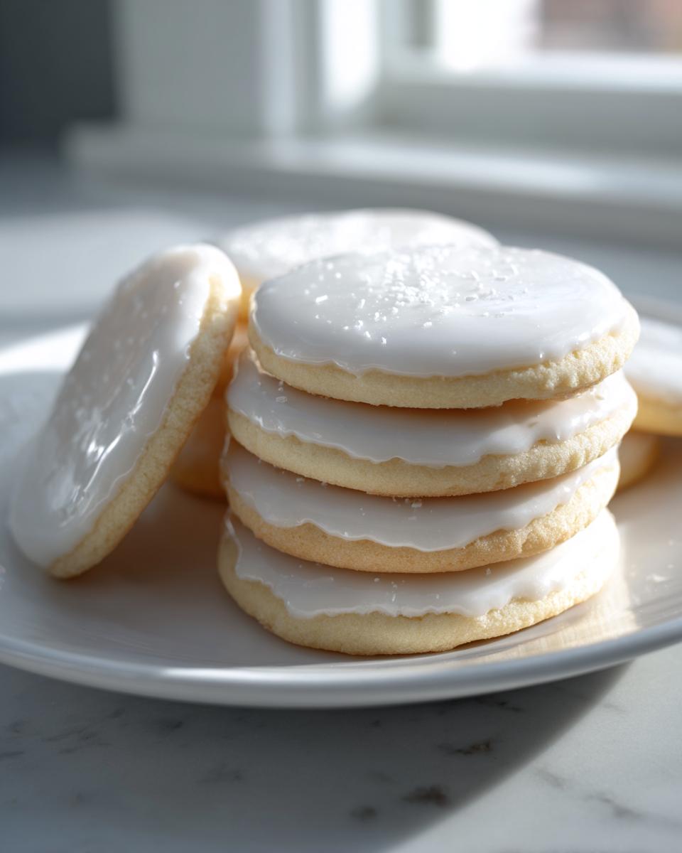 A stack of round sugar cookies topped with glossy white sugar cookie icing, lightly sprinkled with sugar.