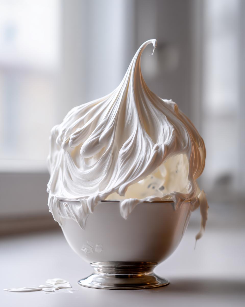 A close-up of stiff, glossy white sugar cookie icing whipped high in a white bowl with a silver base.