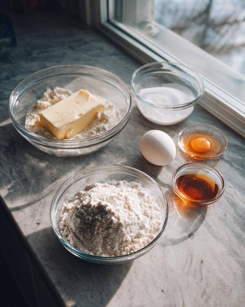 Mise en place of ingredients for making sugar cookie dough, including flour, butter, sugar, egg, and vanilla.