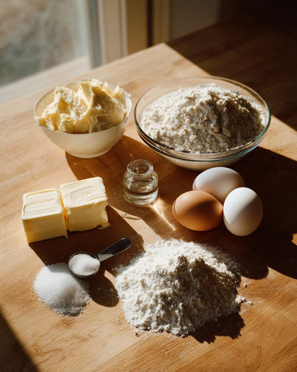 Baking ingredients including flour, butter, eggs, and sugar laid out for making sugar cookies on a wooden surface.