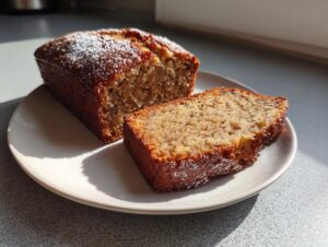 A loaf of moist sugar free banana bread with one slice cut and resting beside it on a plate.