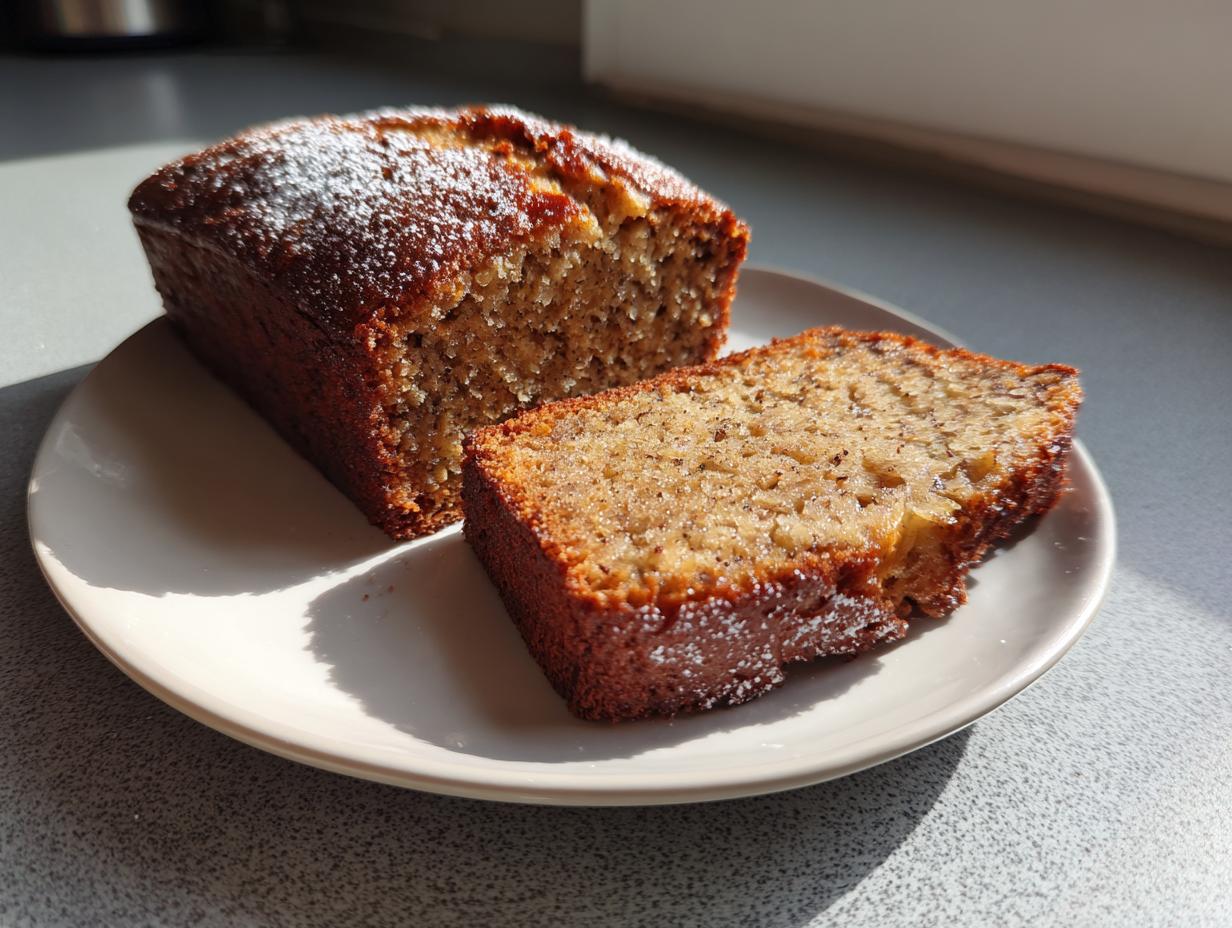 A loaf of moist sugar free banana bread with one slice cut and resting beside it on a plate.