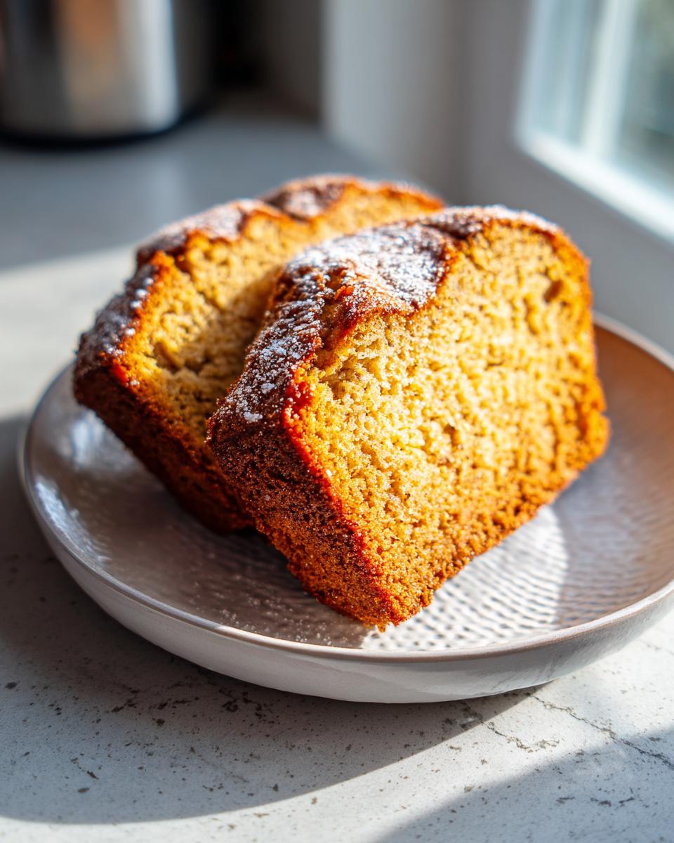 Two golden brown slices of sugar free banana bread dusted with powdered sugar on a light plate.