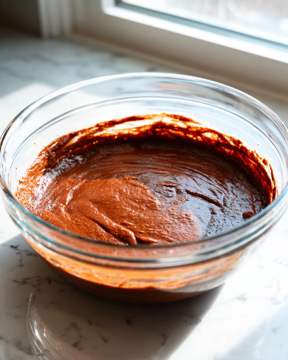 Thick, rich brown batter for sweet potato brownies mixed in a clear glass bowl.
