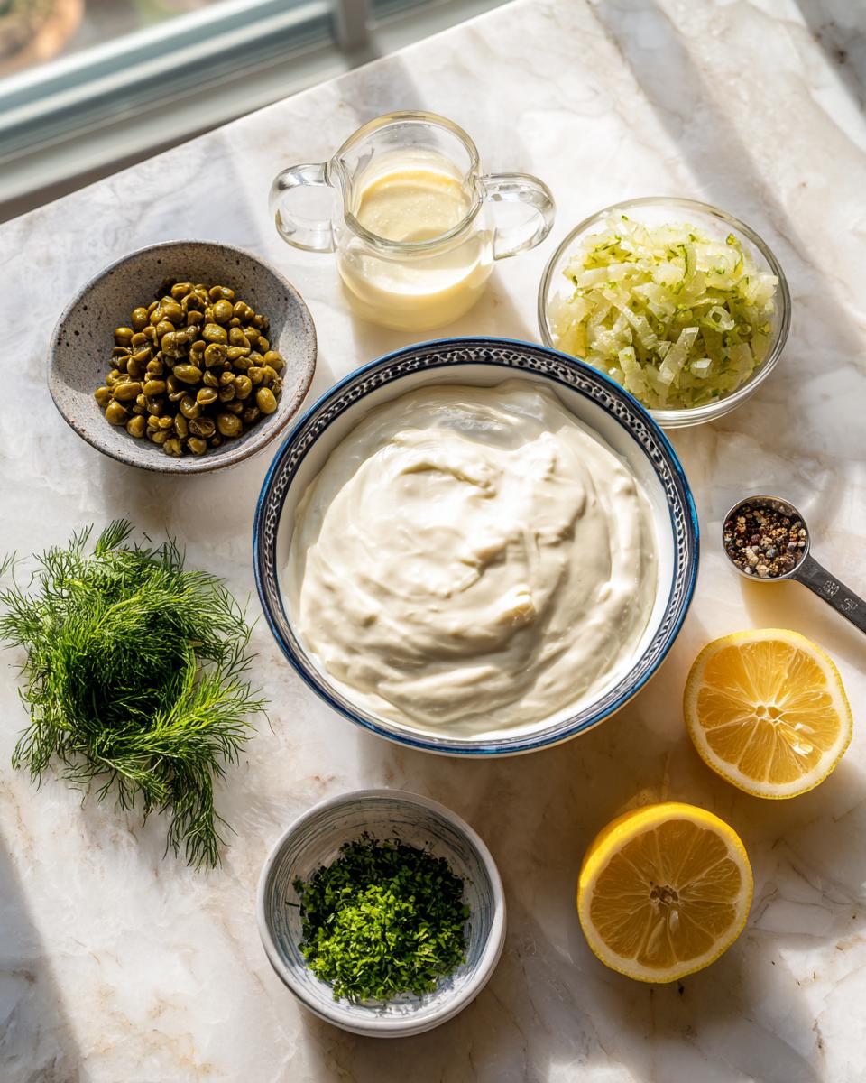 Overhead view of ingredients for homemade tartar sauce, including mayonnaise, capers, pickles, lemon, and fresh herbs.