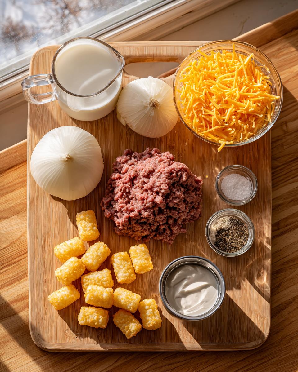 Overhead view of ingredients for tater tot casserole: ground meat, tater tots, shredded cheese, milk, onions, and seasonings on a wooden board.