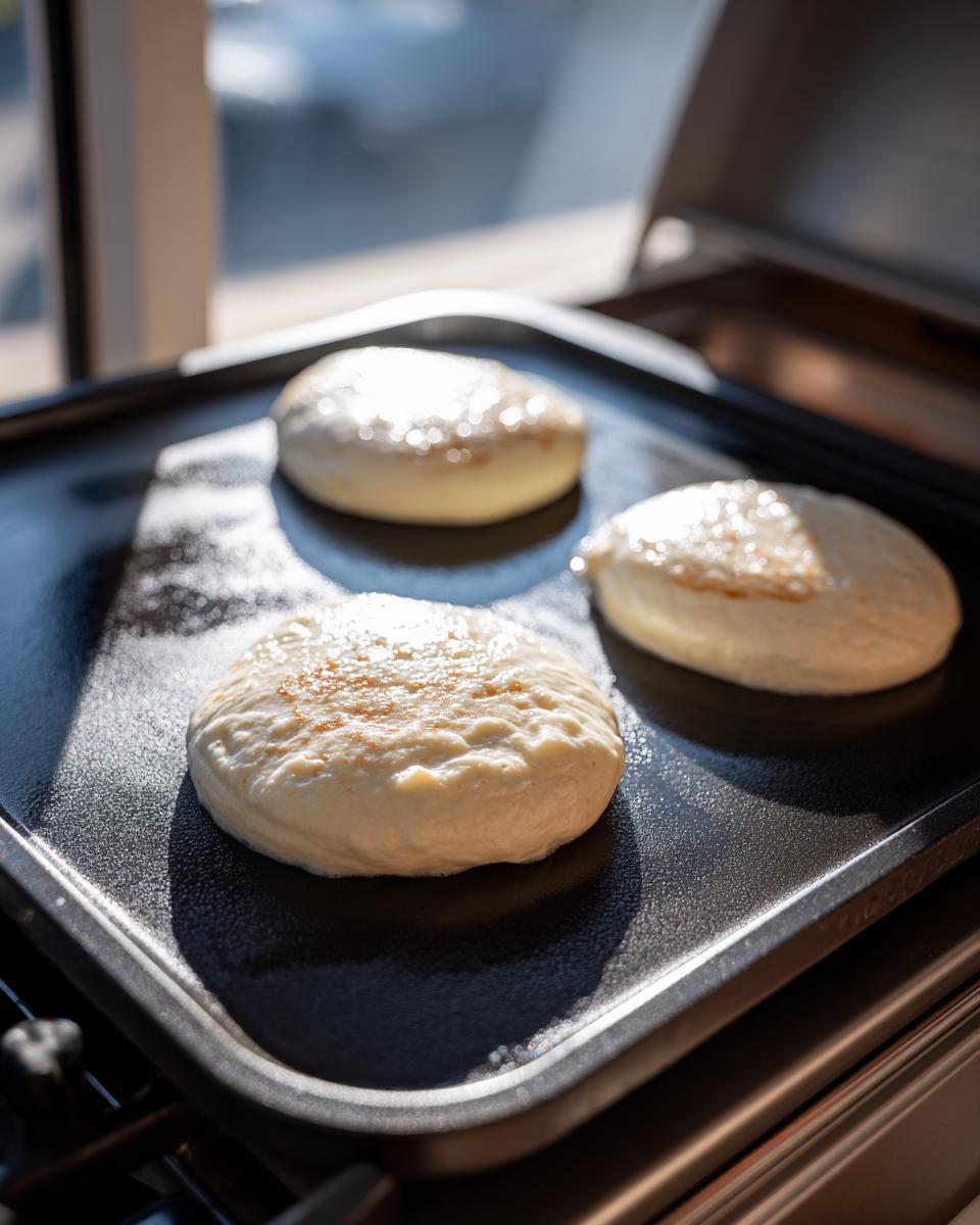 Three thick rounds of banana pancakes batter cooking on a hot, dark griddle under bright sunlight.