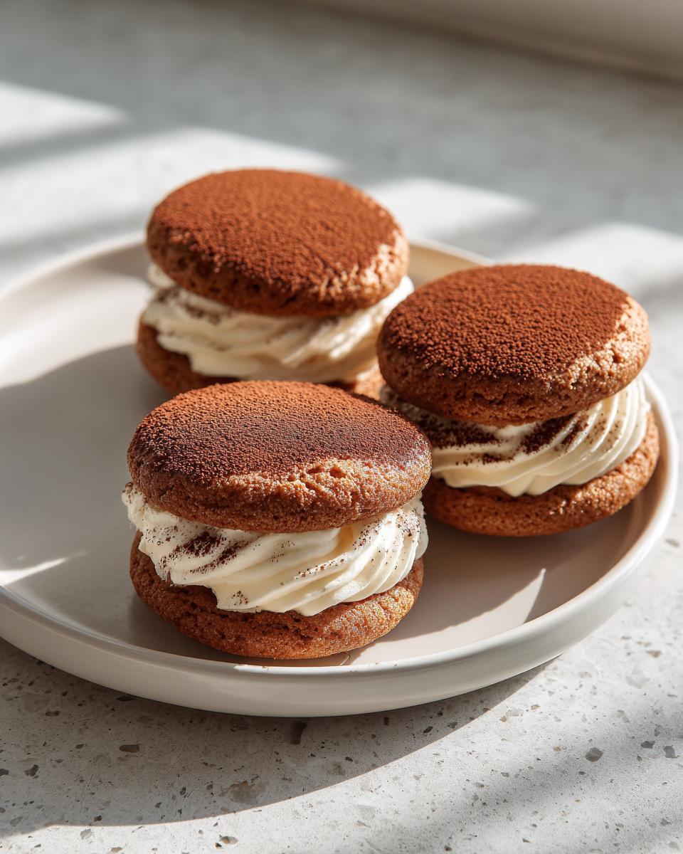 Three homemade tiramisu cookies filled with cream and dusted with cocoa powder, sitting on a light plate.
