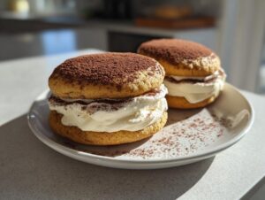 Two sandwich-style tiramisu cookies filled with thick cream and dusted heavily with cocoa powder.
