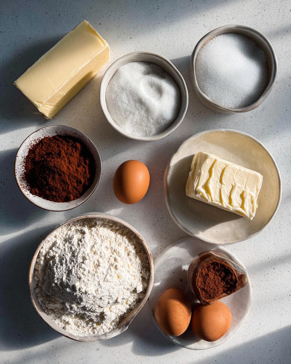 Overhead view of baking ingredients including flour, sugar, butter, eggs, and cocoa powder for making tiramisu cookies.