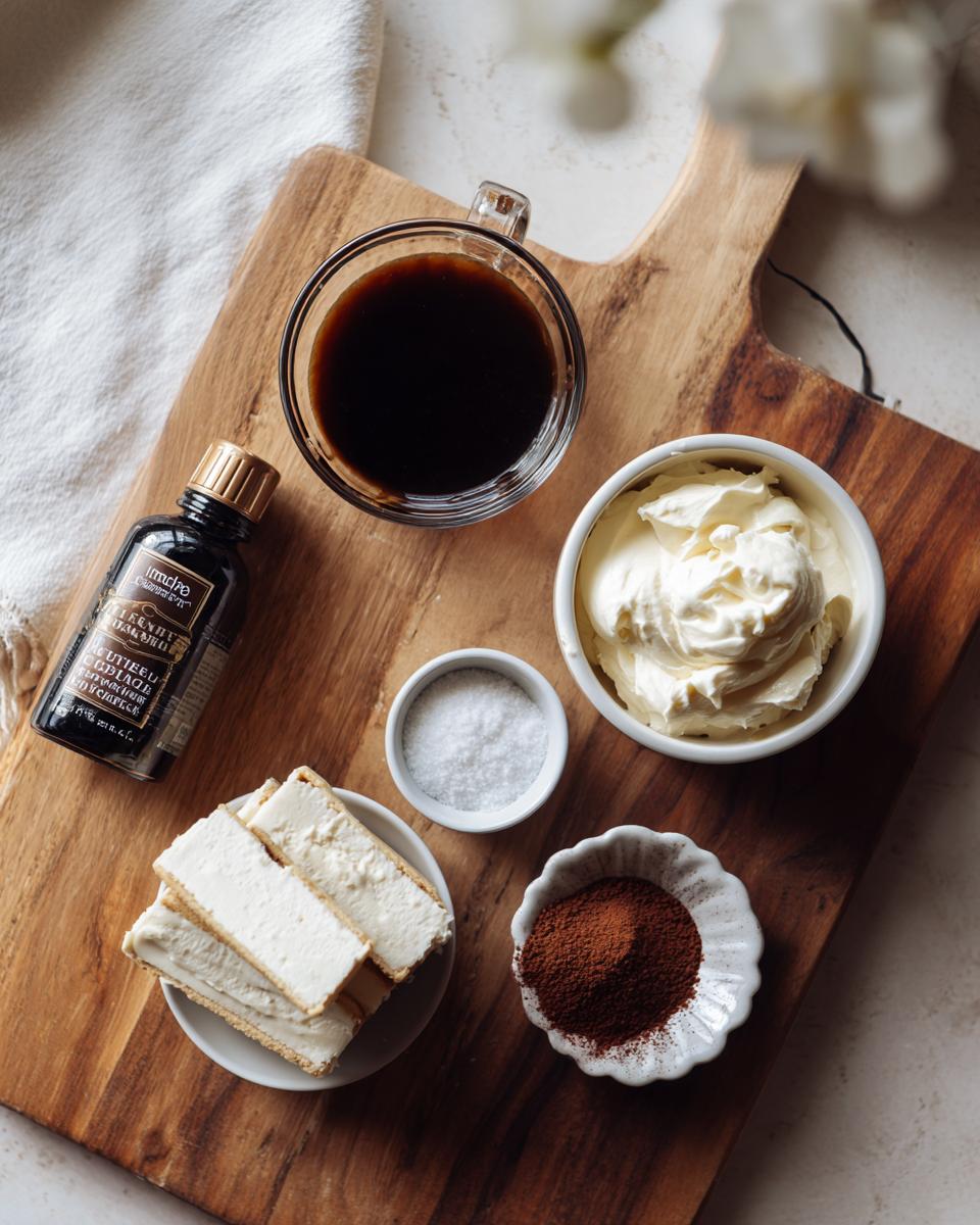 Overhead view of ingredients for a tiramisu recipe, including coffee, cream, ladyfingers, cocoa powder, and vanilla extract.