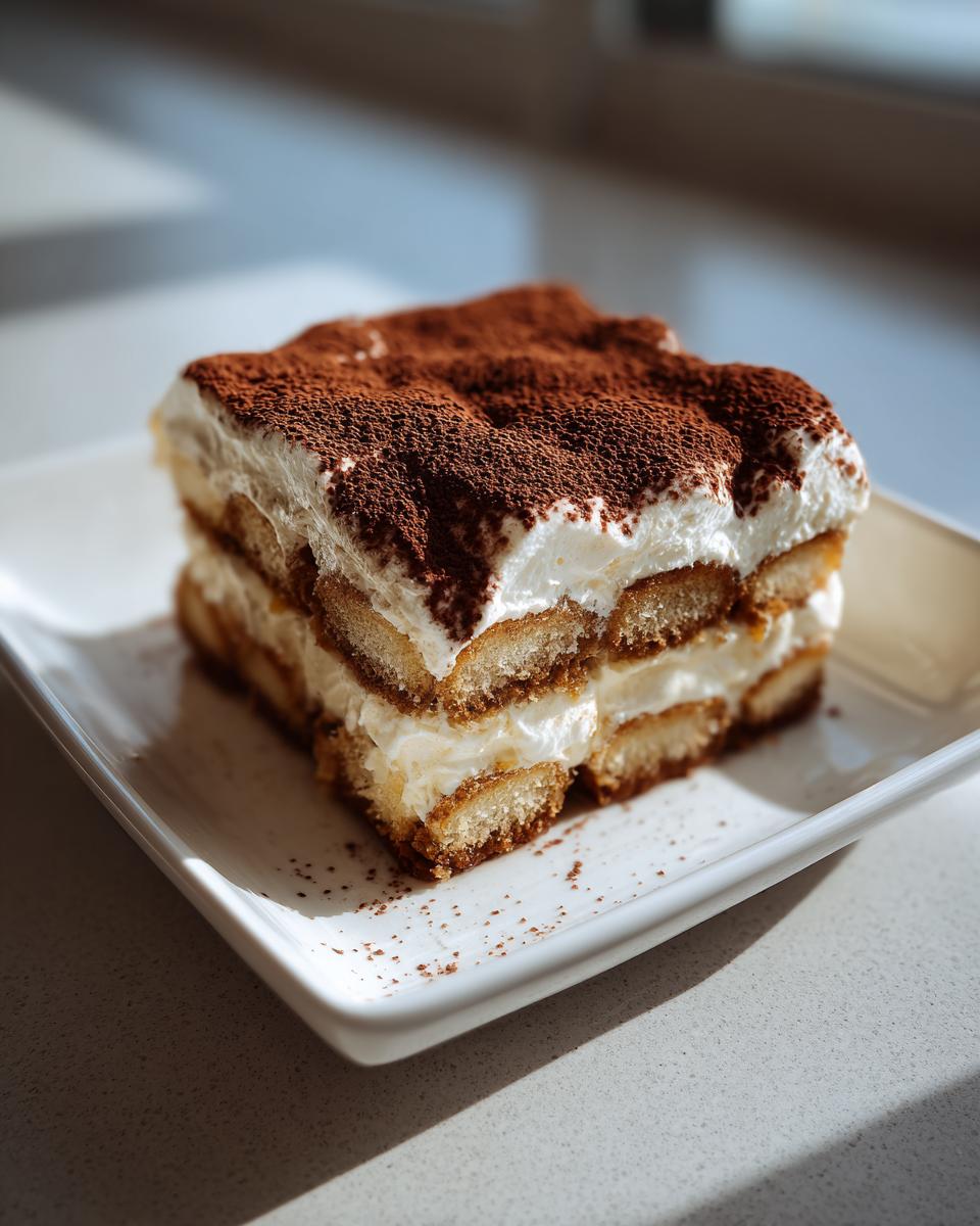A perfect slice of creamy tiramisu recipe layered with ladyfingers and topped heavily with cocoa powder.