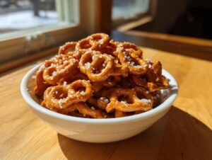 A white bowl filled with shiny, caramel-coated toffee pretzels sprinkled with coarse sea salt.